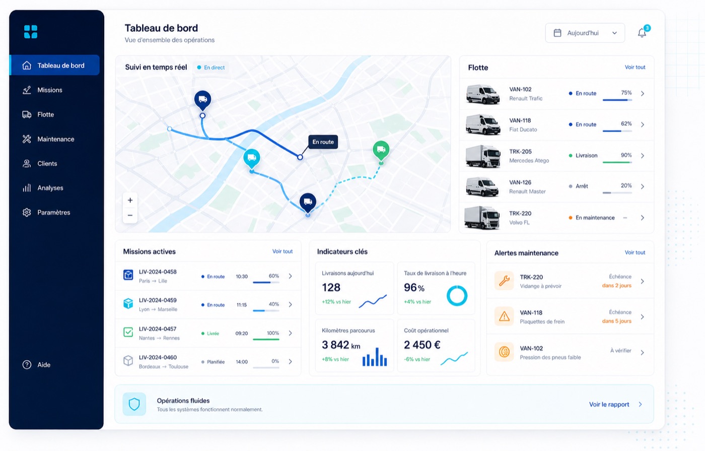 Interface ERP AHA IT de gestion des véhicules, réservations, chauffeurs et missions